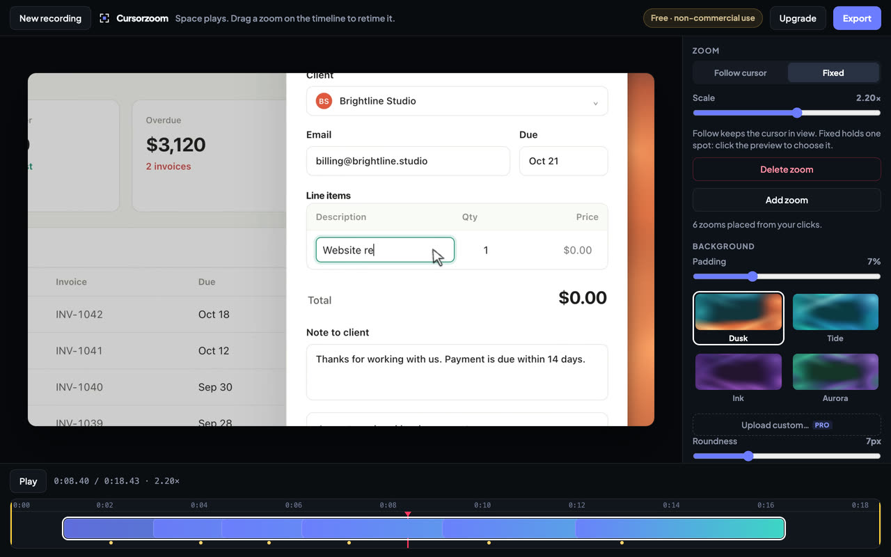 The Cursorzoom editor with zooms placed on the timeline