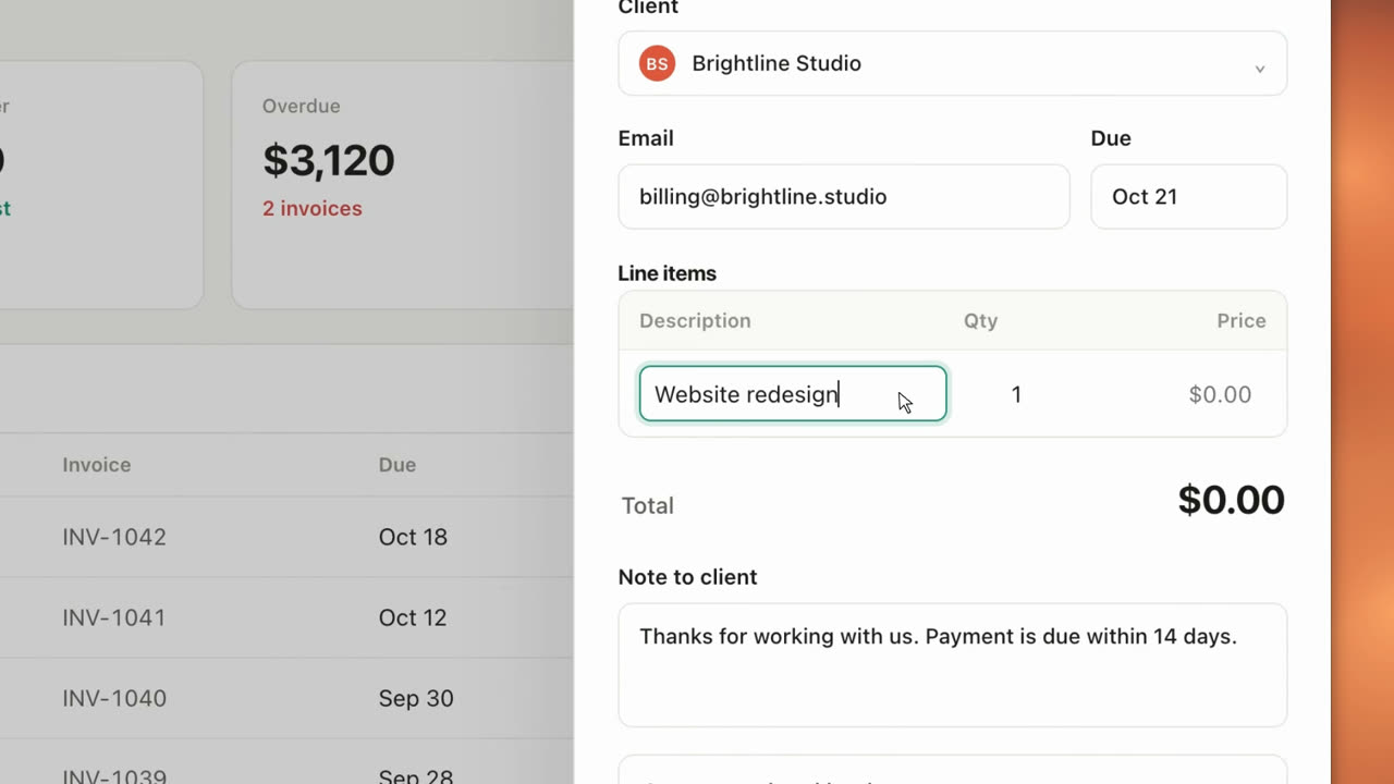 A frame from the exported video, zoomed in on the new invoice form