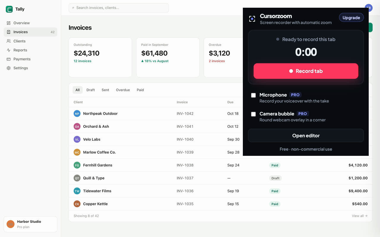 The Cursorzoom popup with the Record tab button, open over a web app